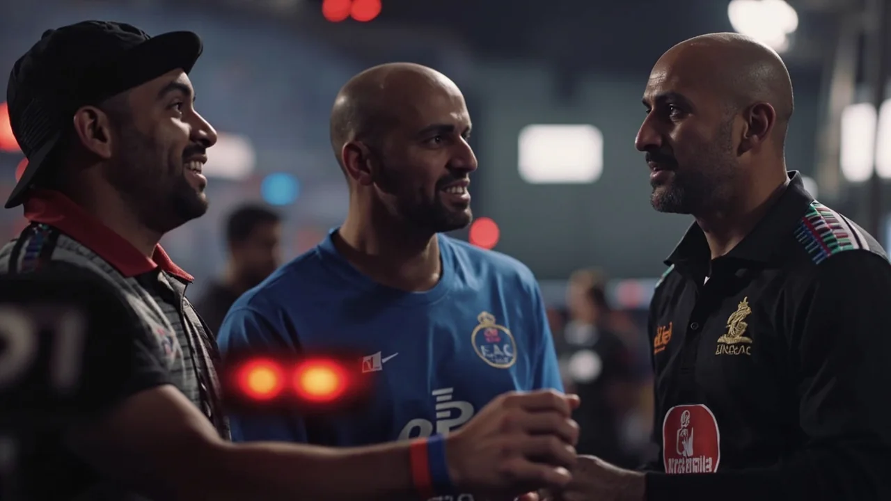 A pace-bowling unit discussing field settings and match-ups near the boundary rope
