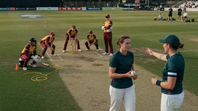 Fielders and bowler set a tight ring on a green outfield during a women's professional cricket match
